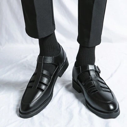 New Summer Leather Sandals With Hollow-Out Design, Buckle Closure, Breathable And Casual Street Fashion Roman Style All-Match Men Shoes