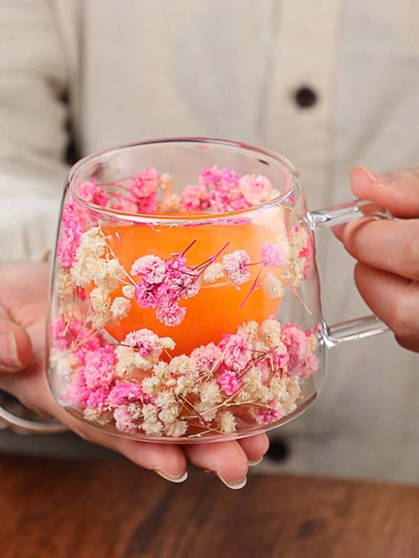 1 pieza Taza de vidrio de doble capa de vidrio de borosilicato alto con asa cuadrada transparente para leche, café con leche para el desayuno con flor real
