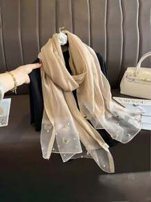 1pc Women Fashionable Butterfly Pearl Rivet Printed Scarf, Suitable For All Seasons And Occasions Such As Travel, Banquet, Vacation And Daily Wear - Nailed Butterfly Pearl Long Silk Scarf - View 11