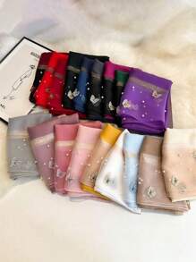 1pc Women Fashionable Butterfly Pearl Rivet Printed Scarf, Suitable For All Seasons And Occasions Such As Travel, Banquet, Vacation And Daily Wear - Nailed Butterfly Pearl Long Silk Scarf - View 1