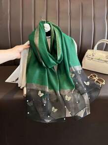 1pc Women Fashionable Butterfly Pearl Rivet Printed Scarf, Suitable For All Seasons And Occasions Such As Travel, Banquet, Vacation And Daily Wear - Nailed Butterfly Pearl Long Silk Scarf - View 7