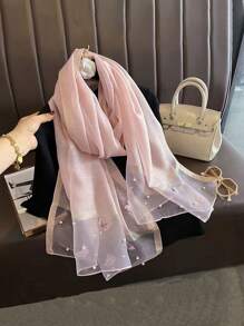 1pc Women Fashionable Butterfly Pearl Rivet Printed Scarf, Suitable For All Seasons And Occasions Such As Travel, Banquet, Vacation And Daily Wear - Nailed Butterfly Pearl Long Silk Scarf - View 9