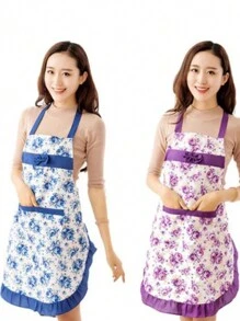 1 pezzo Grembiule in tessuto sottile con stampa floreale di rose e bordo in pizzo, elegante grembiule da cucina per vita da donne