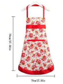 1 pezzo Grembiule in tessuto sottile con stampa floreale di rose e bordo in pizzo, elegante grembiule da cucina per vita da donne