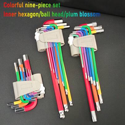 9 件/套彩色内六角扳手套装，包括球头、星形头和平头，L 形和长臂型，抗老化防滑防锈标准平头、超长球头、超长星形头用于家庭装修、机械、设备、汽车维修，也称为内六角扳手、扳手、球头扳手、星形端扳手、平头扳手、男士工具