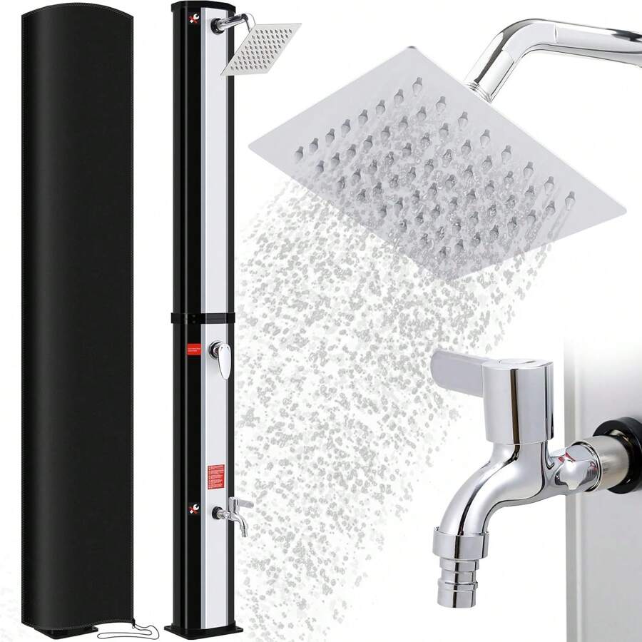 35L Solar Shower, Solar Garden Shower Including 360 ° Shower Head, Tap, Garden Hose Connection & Protective Hood, Pooldusche Camping, Warm Water, Up To 60 ° C, Without A Power Connection - Silver Black - View 1
