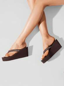 Women'S Platform Flip Flop Rhinestones Arch Support Comfortable Soft Cushion Wedge Flip Flops Summer Thong Sandals - 棕色 - 查看 7