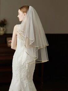 1 chiếc khăn voan cô dâu nhẹ, viền ren vàng, thích hợp chụp ảnh cưới, phụ kiện váy cưới hai lớp tinh tế. - Màu be - Xem 3