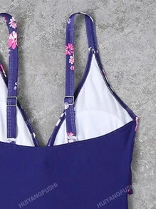 Costume da bagno intero da donna sexy, con scollo a V e spalline regolabili, in stile patchwork di moda per l'estate