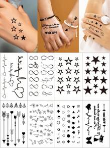 8 pegatinas de tatuajes de dedos para hombres y mujeres, tatuaje temporal de diseño pequeño para la mano, pegatinas de patrones de notas de letras, estrellas y corazones, tatuaje desechable impermeable - Negro - Ver 1