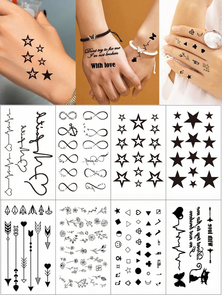 8 pegatinas de tatuajes de dedos para hombres y mujeres, tatuaje temporal de diseño pequeño para la mano, pegatinas de patrones de notas de letras, estrellas y corazones, tatuaje desechable impermeable - Negro - Ver 1