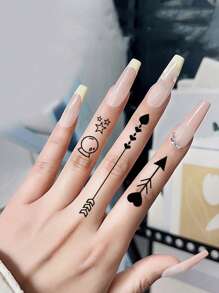 8 pegatinas de tatuajes de dedos para hombres y mujeres, tatuaje temporal de diseño pequeño para la mano, pegatinas de patrones de notas de letras, estrellas y corazones, tatuaje desechable impermeable - Negro - Ver 7