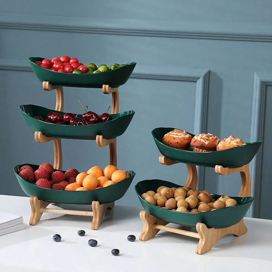 2/3 Tier Fruit Basket For Plastic Fruit Bowl For Kitchen Counter, Large Capacity Fruit Bowl Set With Holder, Bamboo Fruit Serving Tray - Green - View 1