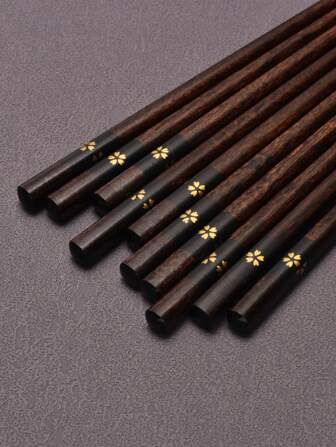 5 Stück/Set japanischer Stil Holz Blume Muster Essstäbchen, Haushaltsutensilien für Mahlzeiten, Schulmaterial