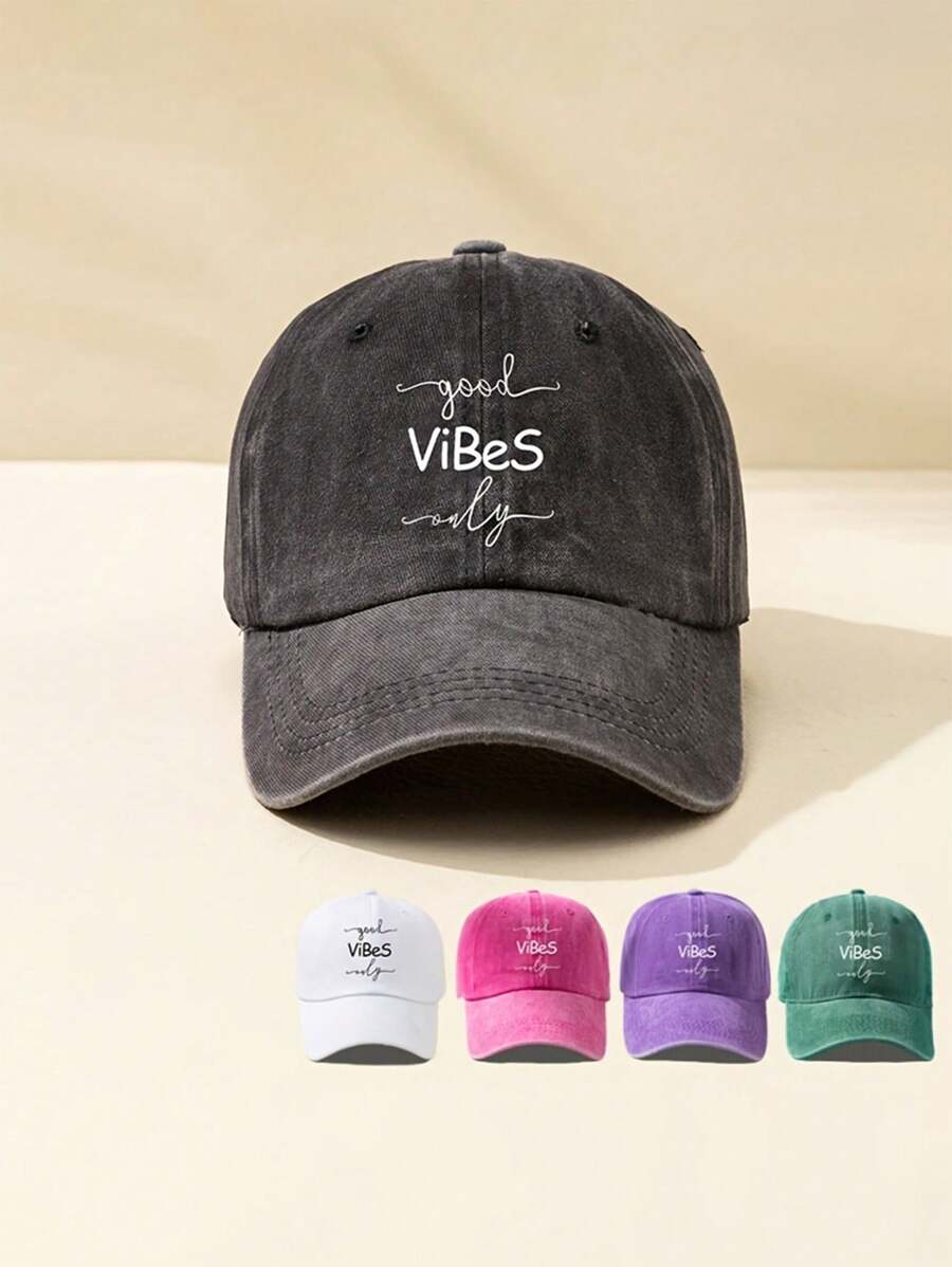 1入組印有「GoodViBeSonly」字樣的洗號棒球帽，戶外可調式防曬休閒帽適合春秋季旅行海灘度假，女性遮陽帽，Y2K風格青年帽 - 刺繡 - 查看 1