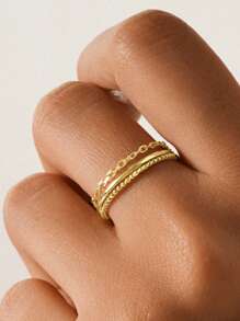 3入組925純銀疊戴戒指女款復古極簡風格永恆婚禮珠寶，感恩節復活節精美珠寶 - 金色 - 查看 2