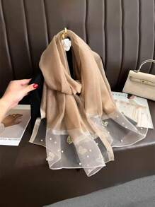1pc Women Fashionable Butterfly Pearl Rivet Printed Scarf, Suitable For All Seasons And Occasions Such As Travel, Banquet, Vacation And Daily Wear - Nailed Butterfly Pearl Long Silk Scarf - View 15