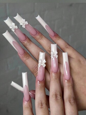 24pcs Long Square False Nails Sweet White French Style Nail Art With Transparent Bowknot Ballet Girl Nail Long Tube Nails + Jelly Glue + Nail File Press On Nails Nail Supplies
