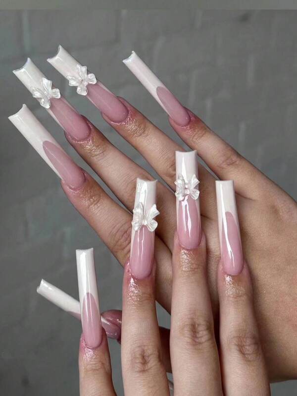 24 piezas de uñas postizas cuadradas largas estilo francesas blancas dulces con lazo transparente de ballet de niña, uñas largas de tubo + Pegamento en gelatina + Limpiador de uñas. Suministros de uñas uñas falsas uña falsa uña acrílica