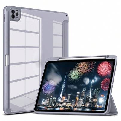 适用于苹果iPad的硅胶防震三折保护套，带笔槽，紫灰色
