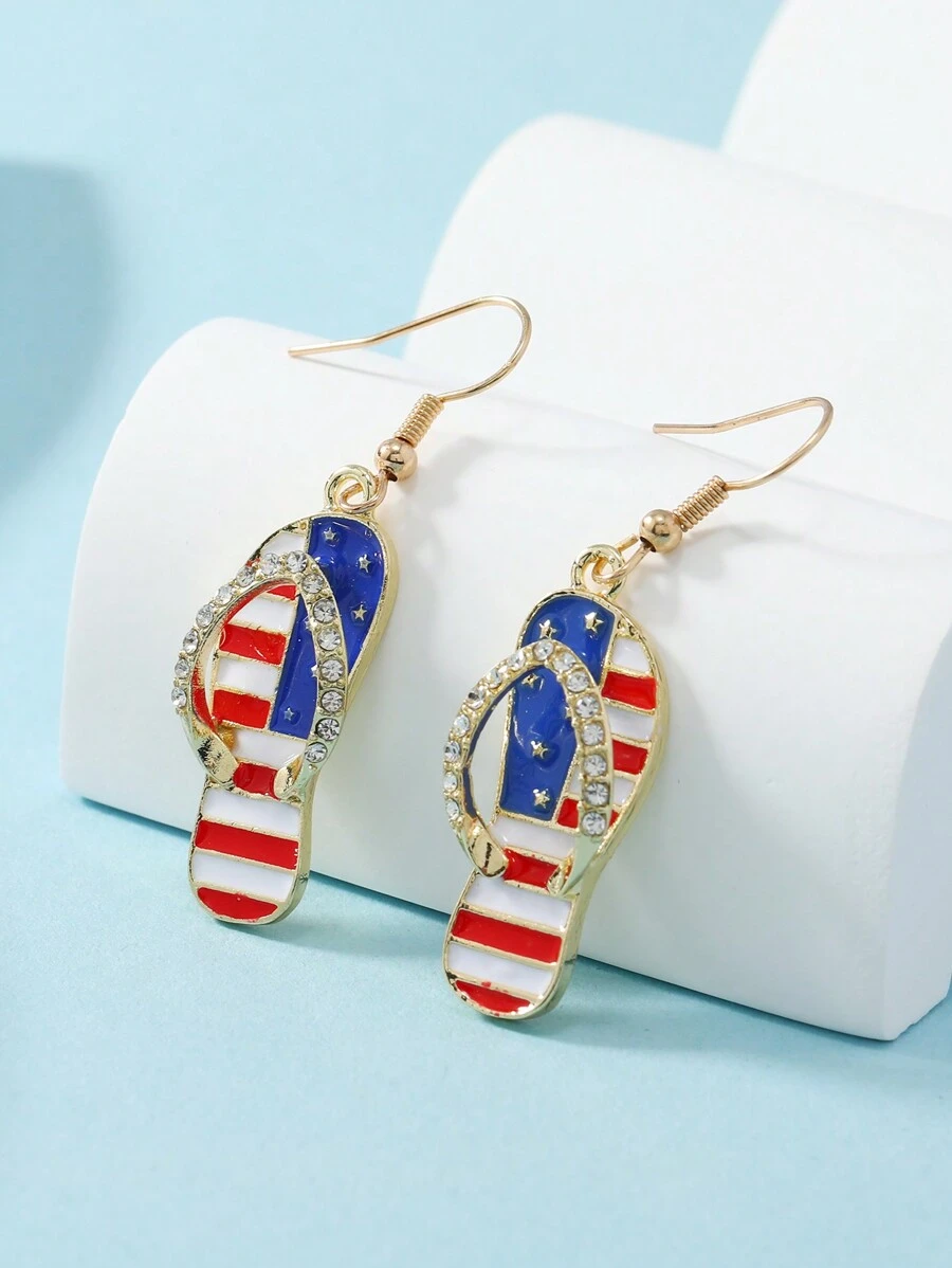 2pcs American Independence Day Patriotic Earrings: Heart, 5-Pointed Star, And Boot Shaped, In Blue, Red, And White Colors - WEH3195 Slippers - View 1