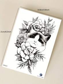 STARTTOOS 1pc Black Cat In Floral Design Temporary Tattoo, Half Sleeve Size - Black - View 6
