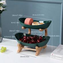 2/3 Tier Fruit Basket For Plastic Fruit Bowl For Kitchen Counter, Large Capacity Fruit Bowl Set With Holder, Bamboo Fruit Serving Tray - Green - View 4