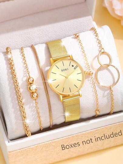SOKI SOKI مجموعة ساعة نسائية موضة كاجوال قرص دائري ساعة كوارتز وسوار سلسلة بسيط مثالية للارتداء اليومي، هدايا عيد الميلاد، الحفلات، التجمعات العائلية، والهدية المثالية لنفسك أو الأصدقاء (لا تشمل الصناديق)