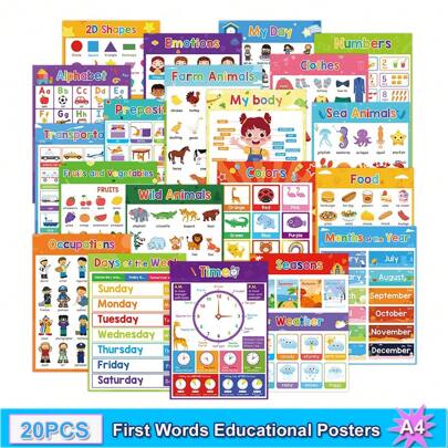 Lachilly 20pcs Vocabulary Posters For Early Childhood Education, Includes Common Words And Vocabulary Building Charts, Suitable For Kindergarten, Daycare, Homeschool, Playroom Wall Decor, Also Can Be Used As Classroom Supplies And Teaching Tools