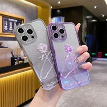 Glitter Rose Phone Case Compatible With Xiaomi POCO And Redmi, Electroplated Sparkly Soft Cover With Fashionable Colored Sparkles And Anti-Drop Protective Design - Electroplated Glitter Purple + Painted Roses - View 3