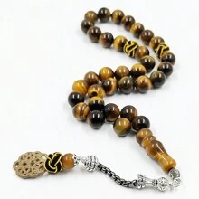 Regalo de Ramadán Tasbih de Ojo de Tigre Natural con Rosario Islámico de Algodón Hecho a Mano Trabizona Musulmán de 33 Cuentas de Oración Accesorios de Moda Árabe