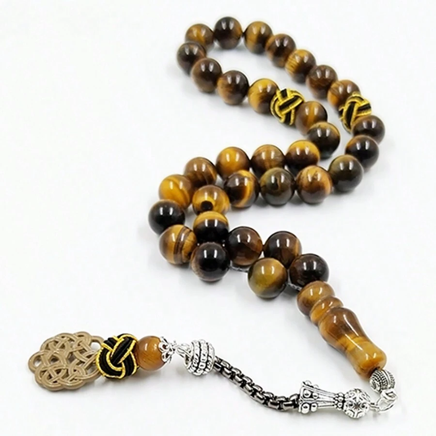 Regalo de Ramadán Tasbih de Ojo de Tigre Natural con Rosario Islámico de Algodón Hecho a Mano Trabizona Musulmán de 33 Cuentas de Oración Accesorios de Moda Árabe