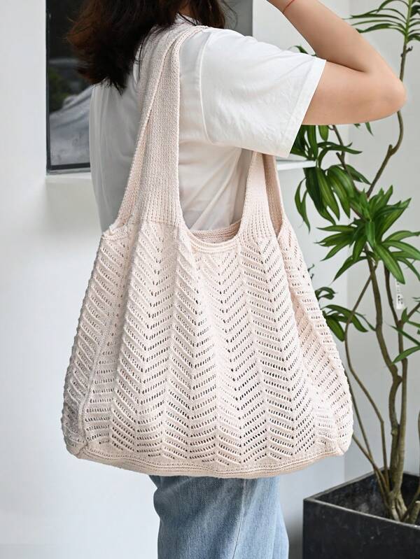 1 pezzo Borsa a rete lavorata a maglia di grandi dimensioni di design originale color albicocca INS, adatta per la spiaggia, tote bag, a mano, vacanza, tracolla, borsa intrecciata vuota, zaino riutilizzabile, borsa per regalo per la ragazza