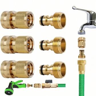 1/3 套花园软管快速连接器实心黄铜 3/4 英寸 GHT 螺纹易连接配件防漏水软管公母价值