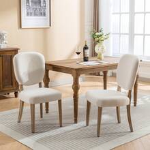 Sweiko Eetkamerstoelen set van 2, gestoffeerde stoelen bekleed met koperen spijkers decoratie stoel rugleuning, vintage eetkamerstoel, massief houten poten, verstelbare voorstoel poten, linnen zittingen, crème, eetkamerstoel (2 stuks), gestoffeerde stoel met houten poten en rugleuning - Wit - Bekijken 2