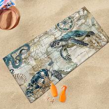 1入復古海洋風格250gsm超細纖維沙灘巾，世界地圖和海龜設計，藏青色無砂輕便快干薄吸水沐浴巾，游泳池露營沙灘配件適合成人兒童旅行度假禮物 - 墨綠色 - 查看 7