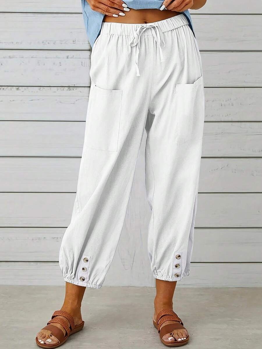 Loose And Linen Buttoned Cropped Wide Leg Pants, Women Homewear Bottoms - White - View 1