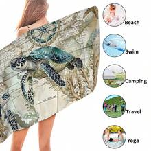 1入復古海洋風格250gsm超細纖維沙灘巾，世界地圖和海龜設計，藏青色無砂輕便快干薄吸水沐浴巾，游泳池露營沙灘配件適合成人兒童旅行度假禮物 - 墨綠色 - 查看 6