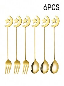 6/8/12 pezzi Cucchiaini e forchette in acciaio inossidabile a forma di stella e luna, mescolatori per caffè, cucchiaini e forchette per dessert, mescolatori per miele, forchette per frutta, adatti per uso domestico, ristorante, tè pomeridiano, matrimonio, festa - Dorato - Visualizzare 11