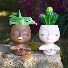 臉型花盆頭部種植器，獨特的貓咪女子臉型造景盆栽，室內外植物專用，帶有排水孔的樹脂臉型花瓶多肉盆栽，DIY家庭和朋友的禮物，卡其色 - 彩色 - 查看 2