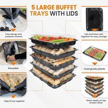 JOESTAR Reusable Sandwich Platter Trays With Lids,Multi Pack Plastic Catering Trays For Tea Time Snacks, Cake, Sushi,Perfect For Parties And Meal Prep 33.5 X 24 X 7cm,5pcs - màu đen - Xem 2