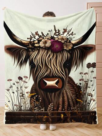 1pc Cute Highland Cow With Flower Design Square Printed Soft Plush Blanket, Suitable For All Seasons And Living Room, Sofa, Lounge Chair And Bedroom Use. Suitable For Traveling, Camping And As A Gift