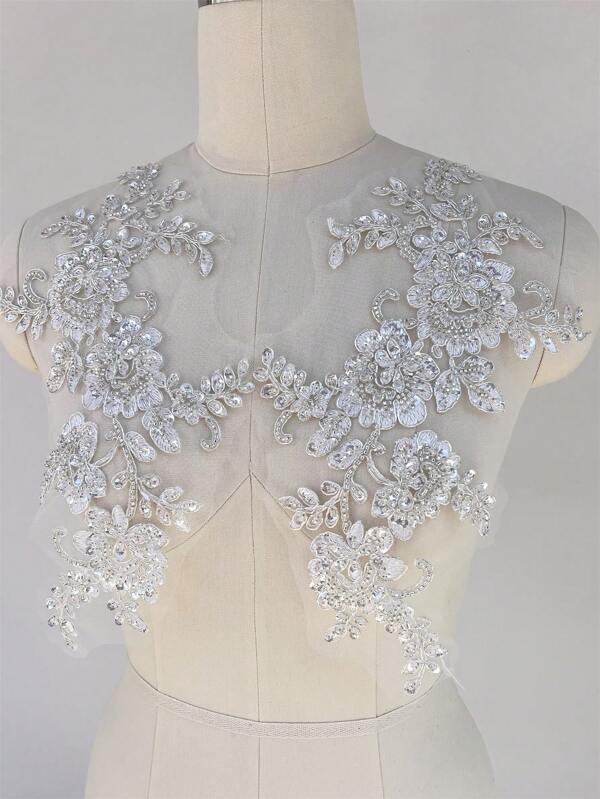1 Pair Of 3D Studded Beads, Lace, Flower Embroidery, Stickers, Wedding Dresses, Bridal Dress Decorations, DIY Patch Clothing Accessories (Silver)