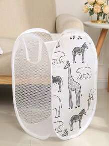 1pc Branco Malha Respirável Cesto de Armazenamento Cesto de Roupas, Girafa Bonito Padrão Animal Bolsa de Armazenamento Dobrável para Roupas de Bebê Brinquedos, Pop Up Cesto de Roupas Amor Dia dos Namorados