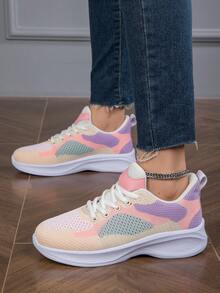女士多彩針織透氣網眼鞋，緩震、百搭、厚底、耐磨、防滑和防臭，適用於休閒運動的粗底運動鞋 - 粉色 - 查看 4