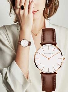 HANNAH MARTIN 1 Peça Relógio de pulso de quartzo casual com pulseira de couro marrom e design nórdico feminino, adequado para decoração diária como um presente para estudantes voltando à escola