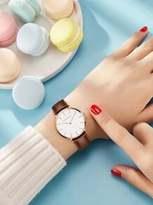 HANNAH MARTIN 1 Peça Relógio de pulso de quartzo casual com pulseira de couro marrom e design nórdico feminino, adequado para decoração diária como um presente para estudantes voltando à escola
