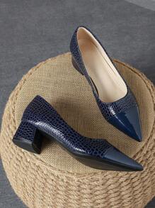 Women's Pointed Toe Red 4cm Heel Pump Shoes With Stone Texture, Chunky Heel Green Shoes And Shallow Blue Casual Shoes For Autumn Valentines
