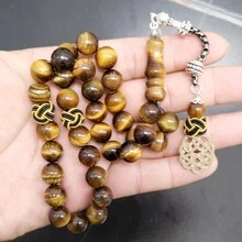 Regalo de Ramadán Tasbih de Ojo de Tigre Natural con Rosario Islámico de Algodón Hecho a Mano Trabizona Musulmán de 33 Cuentas de Oración Accesorios de Moda Árabe