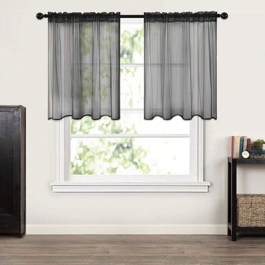1 Panel Short Curtains Panels Rod Pocket Heading Window Screening Waffle Weave Tier Curtains Gauze Tulle Drape Sheer Voile Valance 3 Sizes - Black - View 1